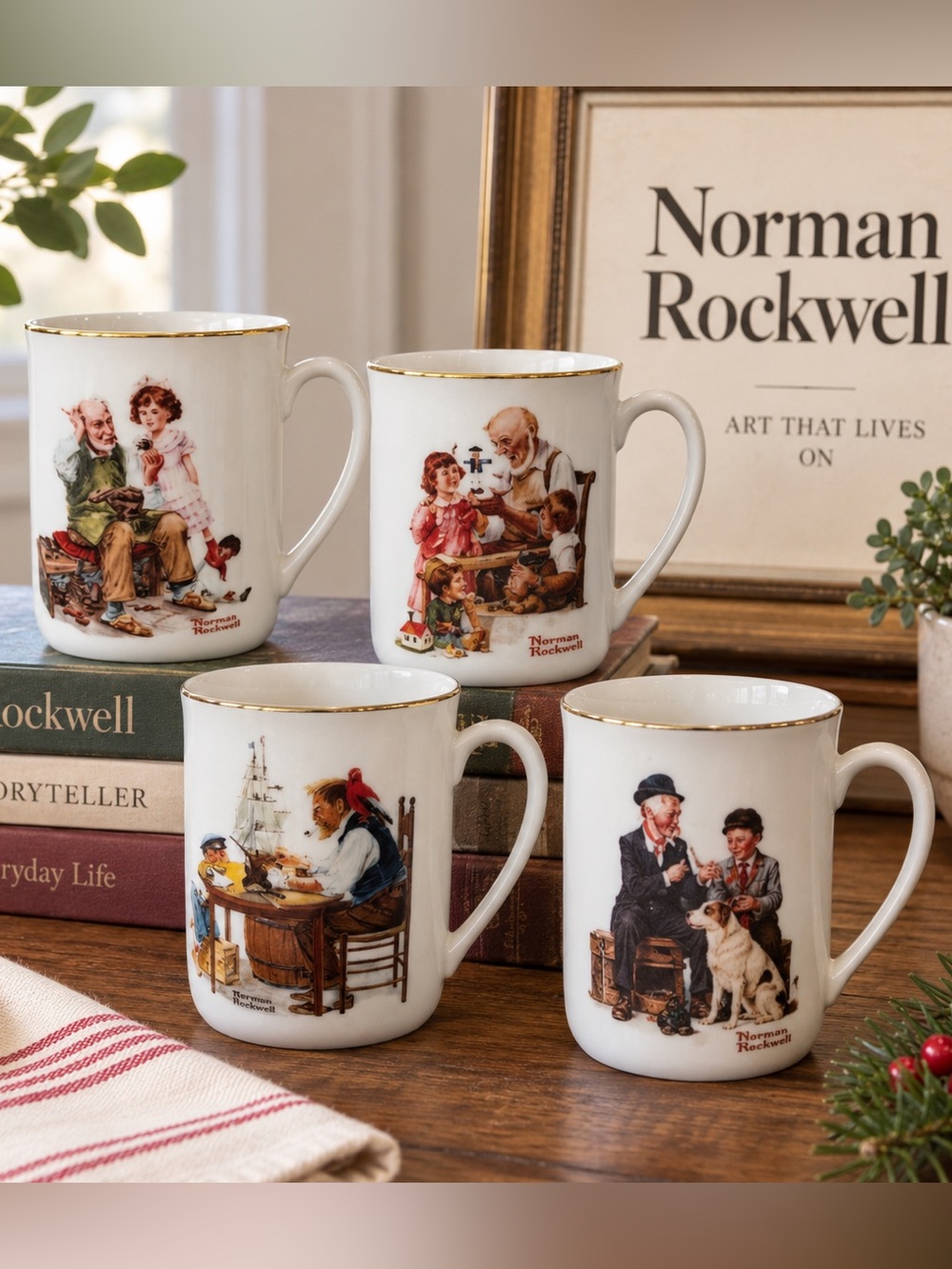 Vintage 1982 Norman Rockwell Museum Porcelain Mugs Set of 4 Japan Gold Rim